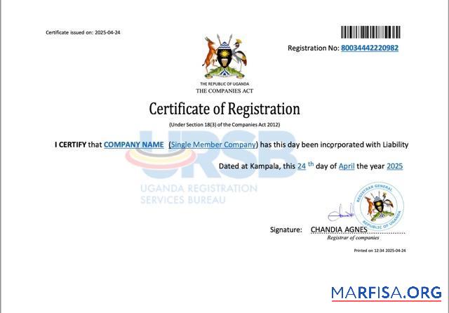 Printable Uganda company registration certificate Word and PDF template
